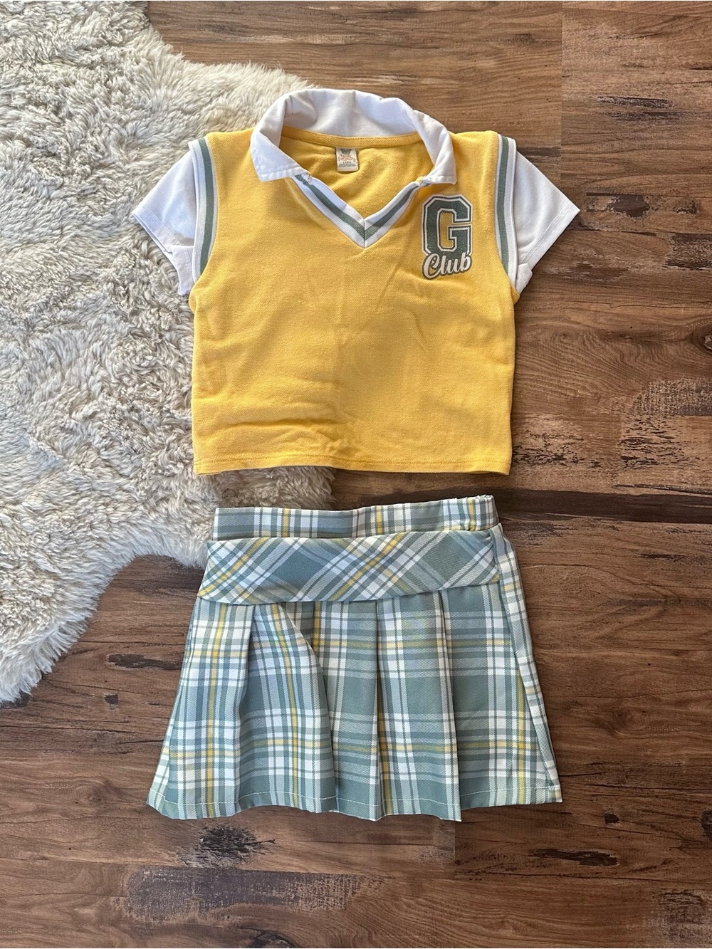 Yellow Polo Crop Top & Green Plaid Pleated Skirt Kids Set